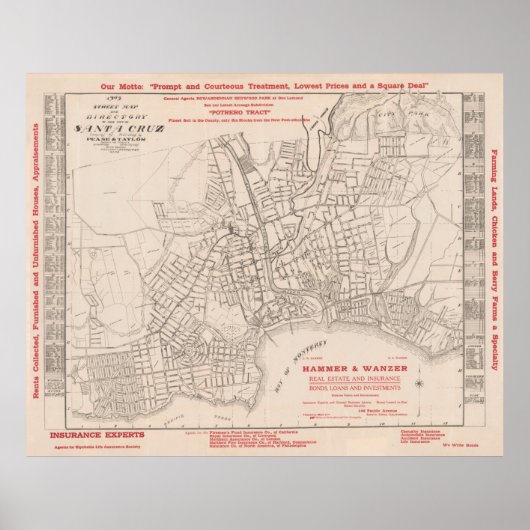 オールドサンタクルーズCAマップ(1909)ヴィンテージサーフシティ ポスター (正面)