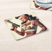 オールドスクールタトゥーホットガール スクエアペーパーコースター (アングル)