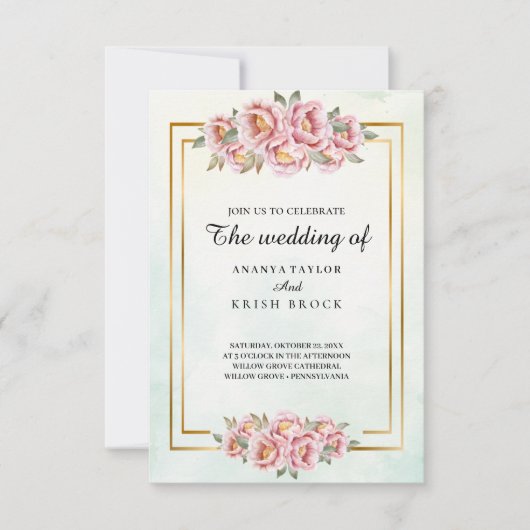 オールドスクールチャームピンク結婚フローラ 招待状 (正面)