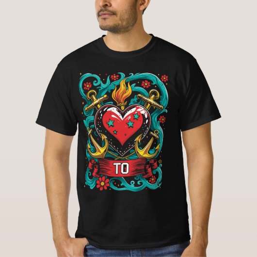 オールドスクールハートいかりタトゥーティー Tシャツ (正面)