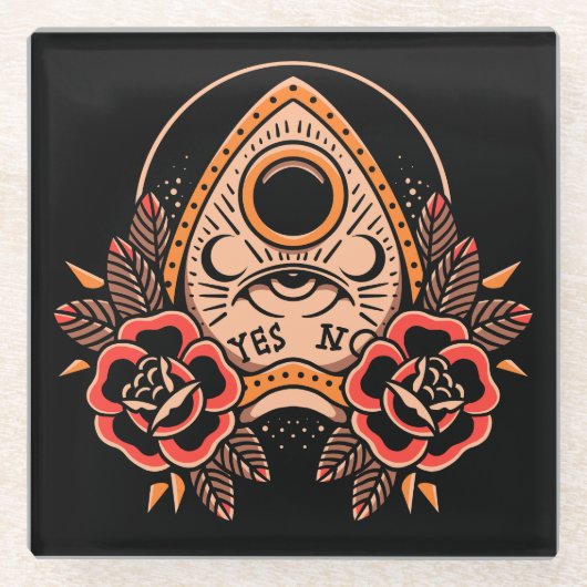 オールドスクールプランシェットタトゥーコースター ガラスコースター (正面)