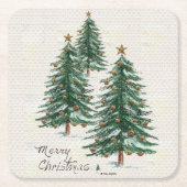 オールドスタイルウォーターカラークリスマスツリーインスノー  スクエアペーパーコースター (正面)