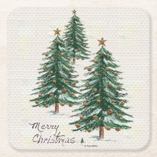 オールドスタイルウォーターカラークリスマスツリーインスノー  スクエアペーパーコースター (正面)