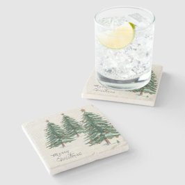 オールドスタイルウォーターカラークリスマスツリーインスノー ストーンコースター