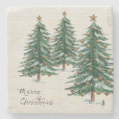 オールドスタイルウォーターカラークリスマスツリーインスノー ストーンコースター (正面)