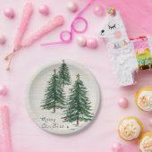 オールドスタイルウォーターカラークリスマスツリーインスノー ペーパープレート (パーティー)