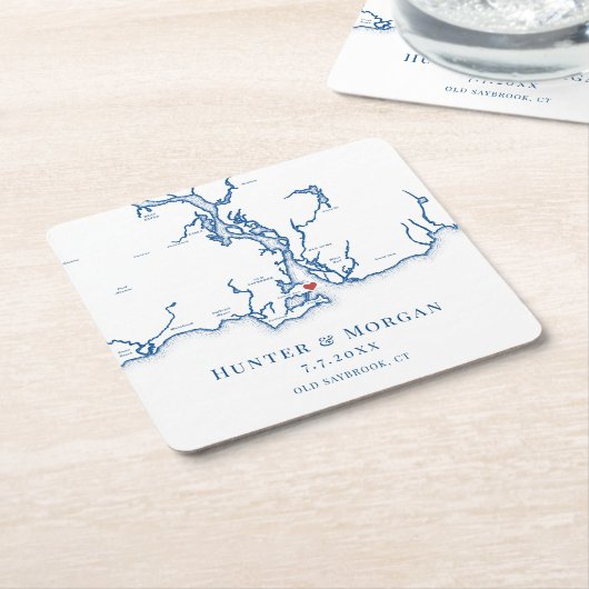 オールドセイブルックCTマップネイビー結婚ブルー スクエアペーパーコースター (アングル)