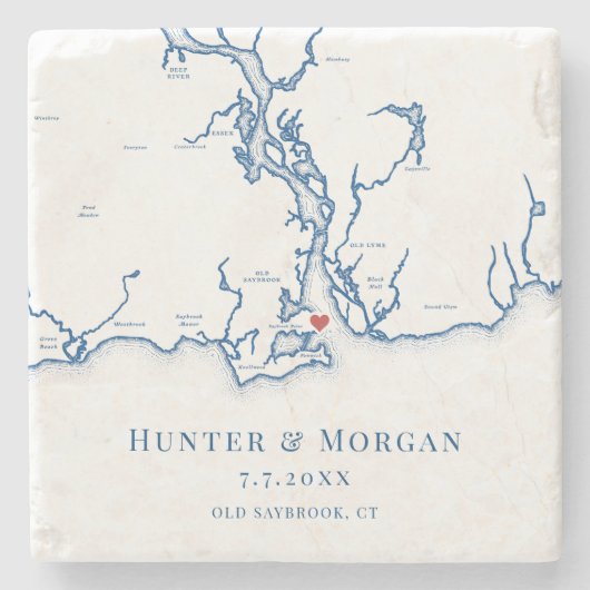 オールドセイブルックCTマップネイビー結婚ブルー ストーンコースター (正面)