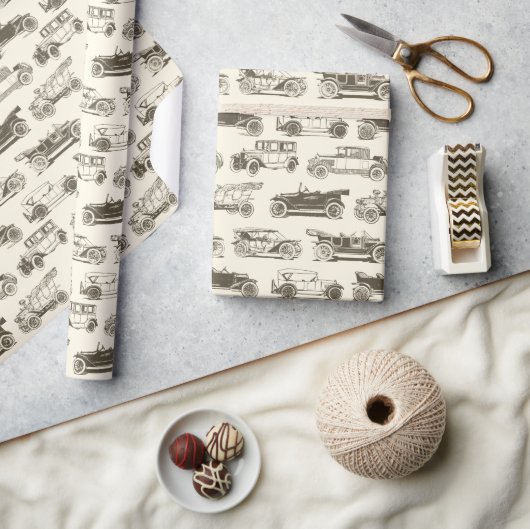 オールドタイマベージュ金ゴールドヴィンテージカーパターン ラッピングペーパー (クラフト)