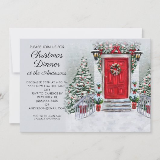 オールドタイムヴィンテージレッドドアリースクリスマスディナー 招待状 (正面)
