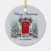 オールドタイムヴィンテージレッドドアリースメリークリスマス セラミックオーナメント (正面)