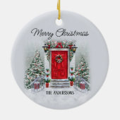 オールドタイムヴィンテージレッドドアリースメリークリスマス セラミックオーナメント (裏面)