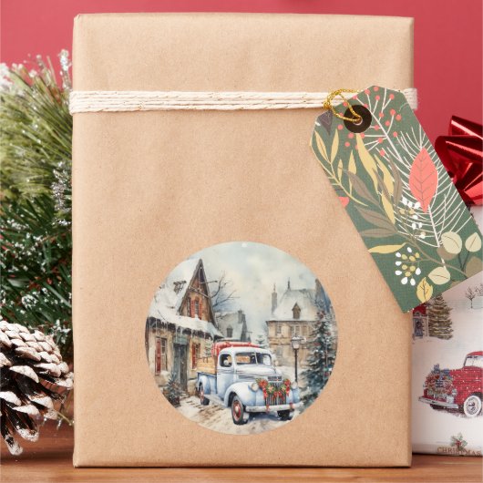 オールドタウンホワイトヴィンテージトラッククリスマス通りシーン ラウンドシール (クリスマス)