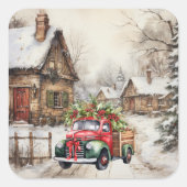 オールドタウンヴィンテージレッドグリーントラッククリスマスツリー スクエアシール (正面)