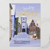 オールドタウン、バイエルブルー、金ゴールド会社クリスマス 箔シーズンカード (正面)