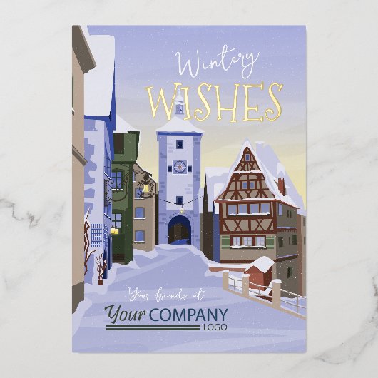 オールドタウン、バイエルブルー、金ゴールド会社クリスマス 箔シーズンカード (正面)