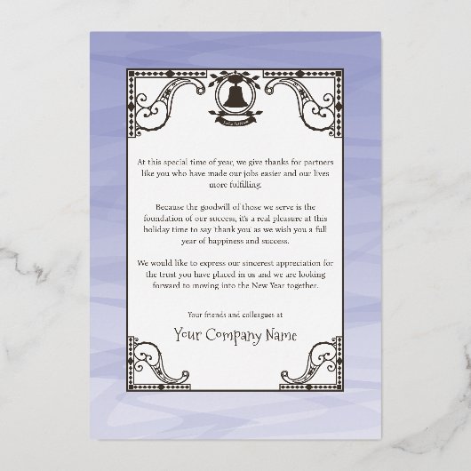 オールドタウン、バイエルブルー、金ゴールド会社クリスマス 箔シーズンカード (裏面)