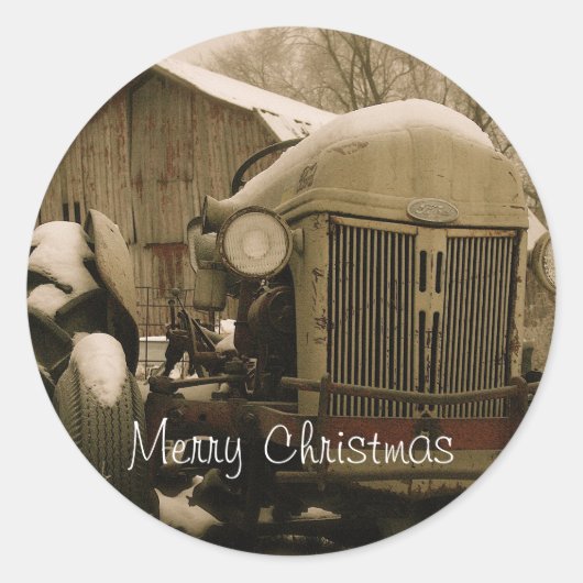 オールドトラクターインスノークリスマス封筒用シール ラウンドシール (正面)