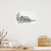 オールドハウス白黒インクペンスケッチ ポスター (キッチン)