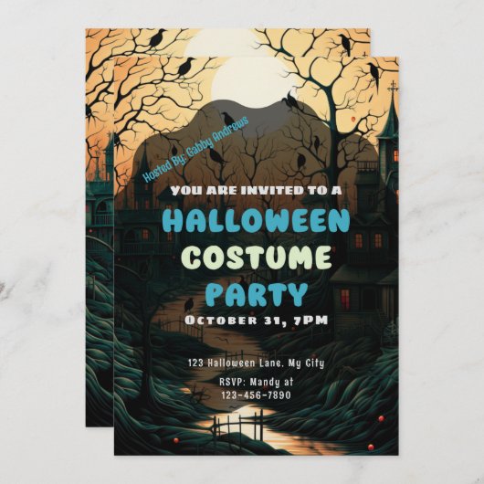 オールドハファッションドロウィーンタウンヴィンテージハロウィーン 招待状 (正面/裏面)