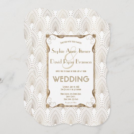 オールドハリウッド素晴らしギャツビーのホワイトウェディング招待 招待状 (正面/裏面)