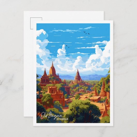 オールドバガンミャンマーアートヴィンテージトラベルイラストレーション ポストカード (正面/裏面)