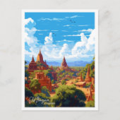 オールドバガンミャンマーアートヴィンテージトラベルイラストレーション ポストカード (正面)