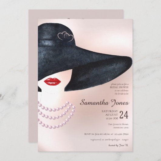 オールドパールエレガントネックレスブライダルシャワー 招待状 (正面/裏面)