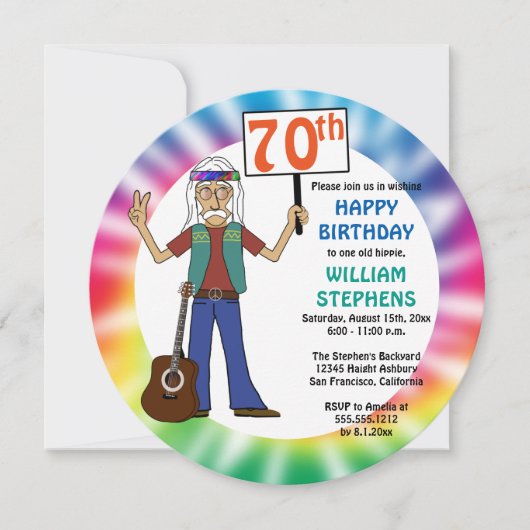 オールドヒッピー ヒッピータイダイ 70歳の誕生日パーティー 招待状 (正面)