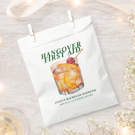 オールドファッションカクテル バチェラーパーティー ハングオーバーキット フェイバーバッグ (クリップ留めされた状態)