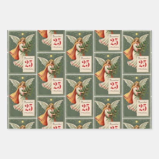 オールドファッションクリスマスポストカード出生エンジェル3 ラッピングペーパーシート (正面3)
