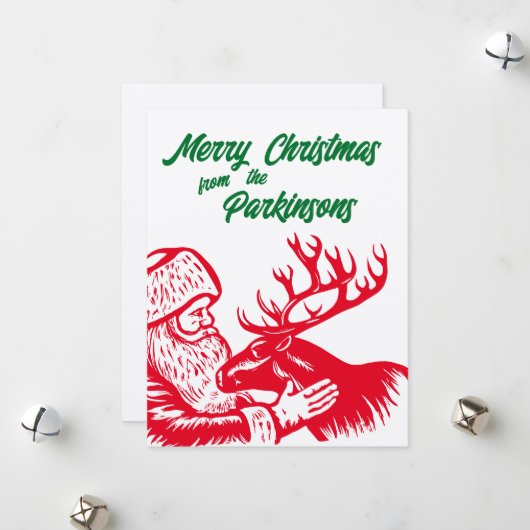 オールドファッションドウッドカットサンタクロースとトナカイ シーズンカード (正面/裏面インサイチュ)