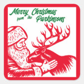 オールドファッションドウッドカットサンタクロースとトナカイ スクエアシール (正面)