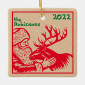 オールドファッションドウッドカットサンタクロースとトナカイ セラミックオーナメント (正面)