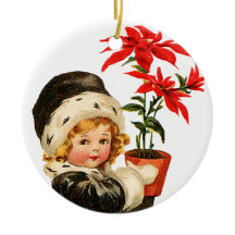 オールドファッションドクリスマス、ポインセチアを保持する女の子