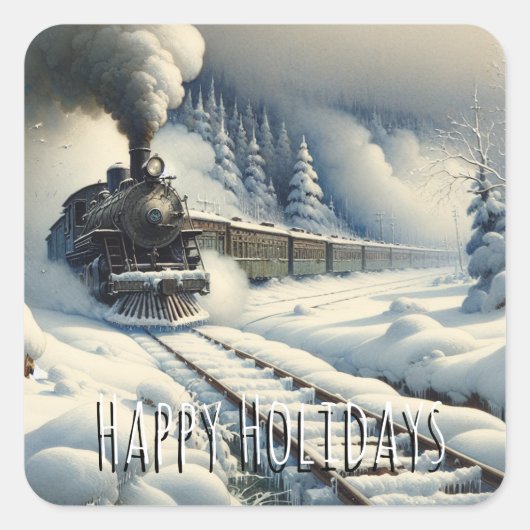 オールドファッションドトレインとヴィンテージハッピーホリデー スクエアシール (正面)