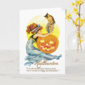 オールドファッションドハロウィーン、フクロウの女の子 カード (黄色い花)