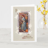 オールドファッションドハロウィーン、手の鏡を持つ女性 カード (黄色い花)