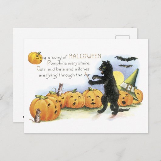 オールドファッションドハロウィーン、黒猫とカボチャ ポストカード (正面/裏面)