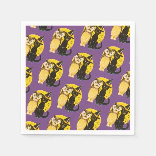 オールドファッションドハロウィーン、黒猫とフクロウ スタンダードカクテルナプキン (正面)