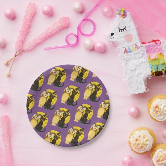 オールドファッションドハロウィーン、黒猫とフクロウ ペーパープレート (パーティー)