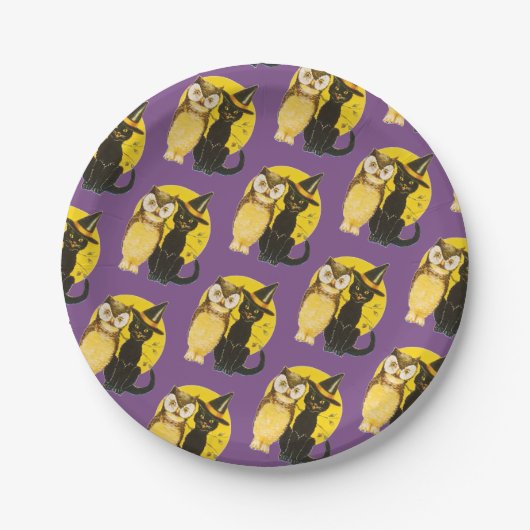 オールドファッションドハロウィーン、黒猫とフクロウ ペーパープレート (正面)