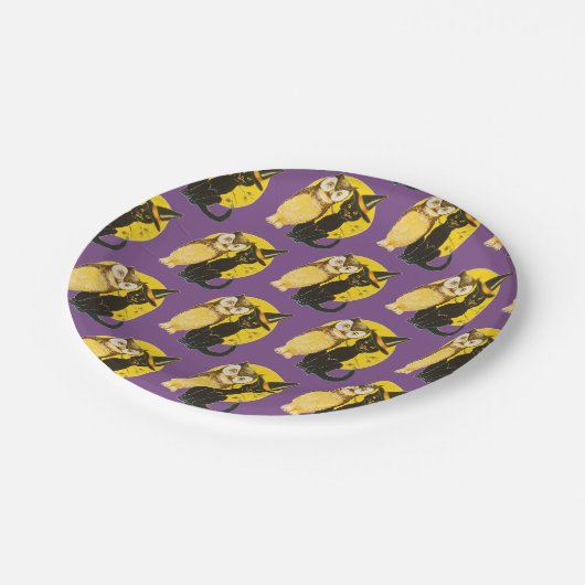 オールドファッションドハロウィーン、黒猫とフクロウ ペーパープレート (アングル)