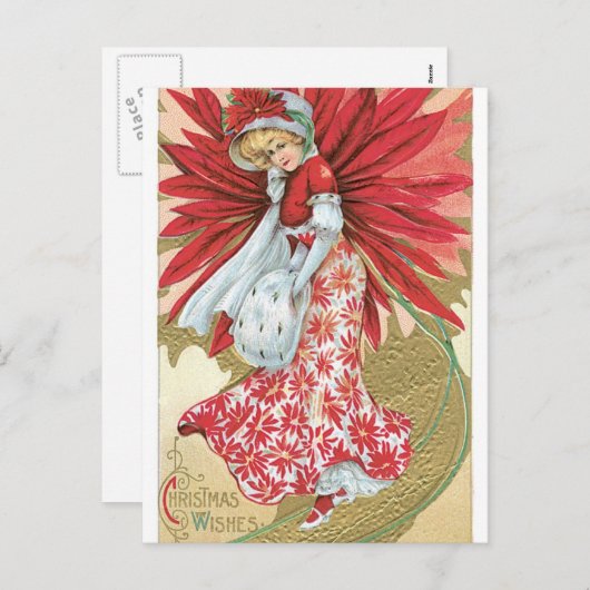 オールドファッションド・クリスマスポインセチア・レディ シーズンポストカード (正面/裏面)