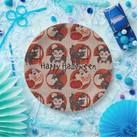 オールドファッションハロウィンフェイククロスステッチプレート ペーパープレート (パーティー)