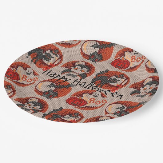 オールドファッションハロウィンフェイククロスステッチプレート ペーパープレート (アングル)