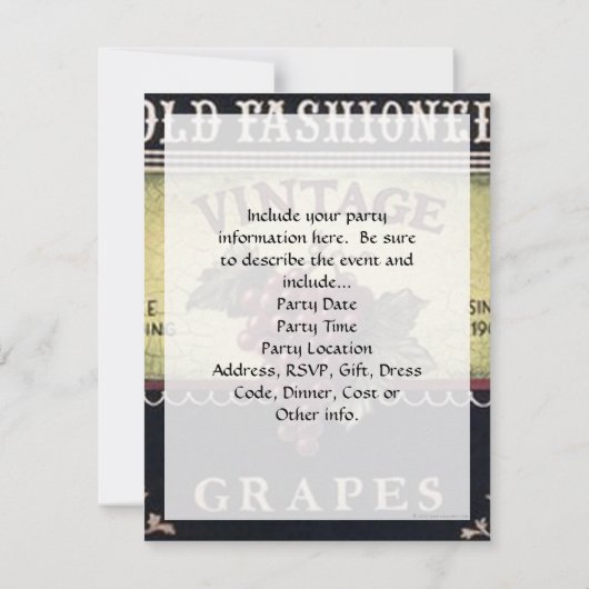 オールドファッションヴィンテージブドウ、紫と黒ワイン 招待状 (裏面)