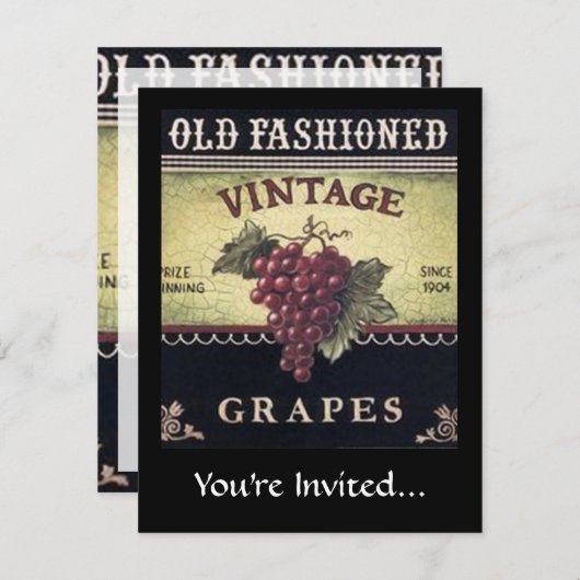 オールドファッションヴィンテージブドウ、紫と黒ワイン 招待状 (正面/裏面)