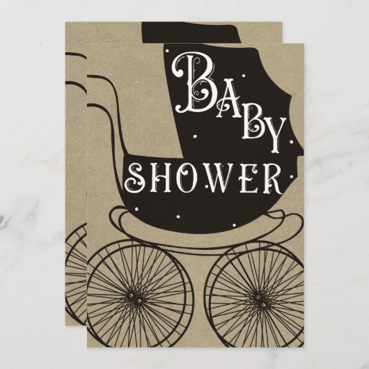 オールドファッションヴィンテージPRAMキャリッジ赤ちゃんシャワー 招待状 (正面/裏面)