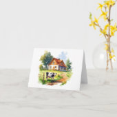 オールドファームハウス付き牛空白の カード (黄色い花)